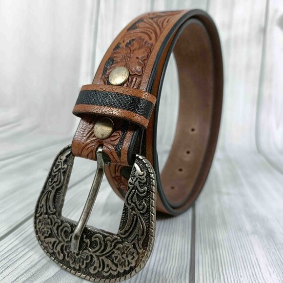Floral Embossed Western Hand-Tooled Leather Belt, Leather Belt For Men & Women - Picture 2 of 12